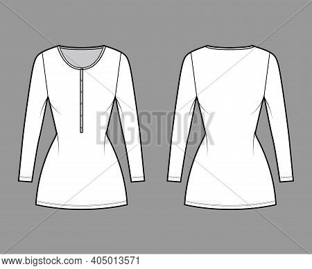 Shirt Dress Mini Technical Fashion Illustration With Henley Neck, Long Sleeves, Fitted Body, Pencil 