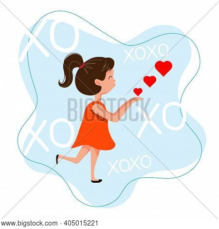 Little Girl Sends A Kiss Of Love With Hearts, Vector Illustration In Flat Style.