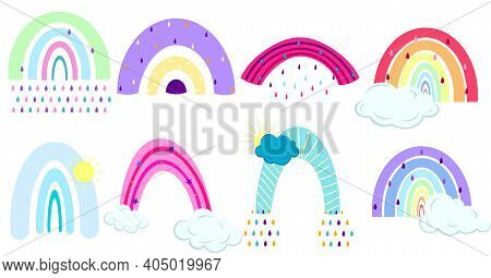 Hand-drawn Abstract Rainbow In The Sky In Cartoon Style. Template For A Logo. Vector Set. Childrens 