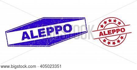 Aleppo Stamps. Red Circle And Blue Flatten Hexagonal Aleppo Stamps. Flat Vector Scratched Seal Stamp