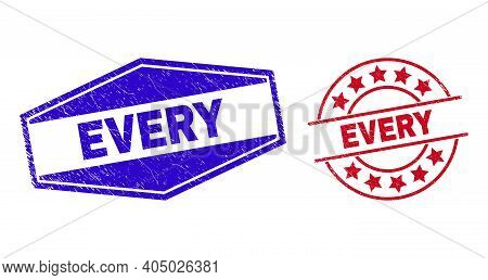 Every Stamps. Red Round And Blue Squeezed Hexagonal Every Watermarks. Flat Vector Grunge Stamps With