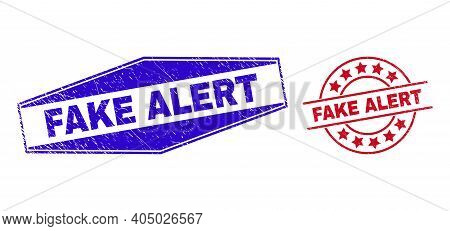 Fake Alert Stamps. Red Round And Blue Stretched Hexagonal Fake Alert Seal Stamps. Flat Vector Scratc