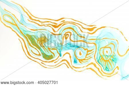 Blue And Green Watercolor Stines With Gold Layers. Abstract Art Illustration.