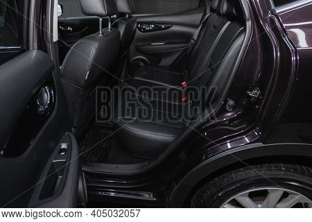Novosibirsk, Russia - January 14 2021:  Nissan Qashqai, New Car Inside. Clean Car Interior. Black Ba