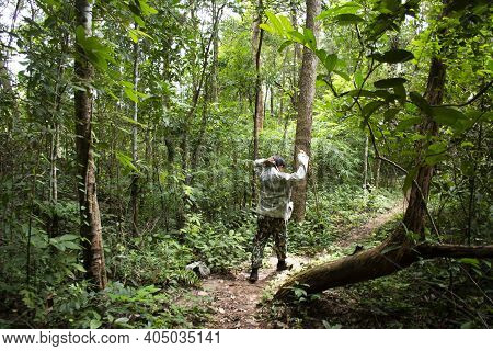 Forestry Officer Bring Thai People And Foreign Traveler Walking Travel Visit In Forest Visit Tham Bu