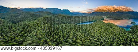 360 Panoramic Aerial View Of Alpenglow On Zugspitze With Fog By Eibseelake In Germany