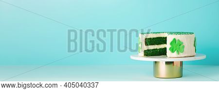 St Patricks Day Sweet Food Concept. Green Velvet Cake Decorated Green Shamrock Leaves For Saint Patr