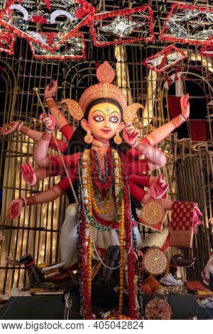 Goddess Durga Idol Decorated At Puja Pandal In Kolkata, West Bengal, India. Durga Puja Is Biggest Re