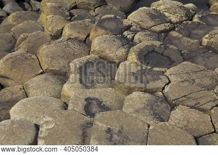 Ulster (ireland), - July 20, 2016: Polygonal Basalt Lava Rock Columns Of The Giant's Causeway On The