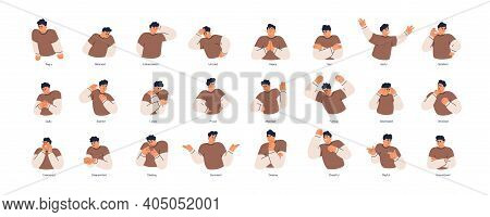 Set Of Different Emotions Of People. Man Expressing His Positive And Negative Feelings With Gestures