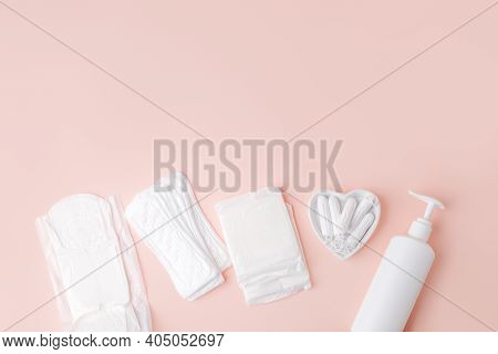 Girl, Women Intimate Hygiene Products - Sanitary Pads, Daily Pads, Intmate Liquid Soap And Tampon On