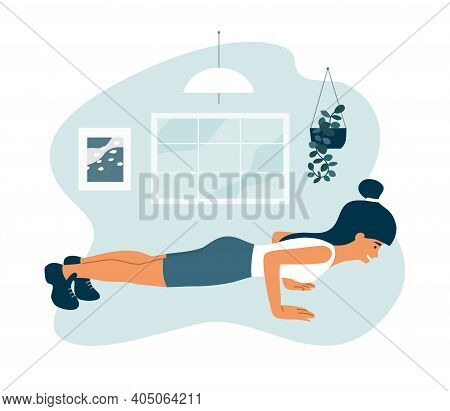 Stay Home, Keep Fit And Positive. Smiling Woman Doing Push Up. Sport, Fitness Workout. Physical Acti