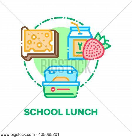 School Lunch Vector Icon Concept. Sandwich Bread With Butter And Sliced Cheese, Strawberry Juice Or 