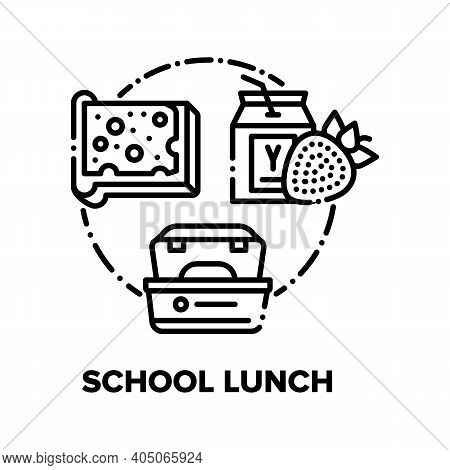 School Lunch Vector Icon Concept. Sandwich Bread With Butter And Sliced Cheese, Strawberry Juice Or 