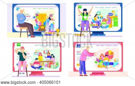 Set Of Illustrations On The App For Online Learning And Data Analysing. Online Store Landing Page Te