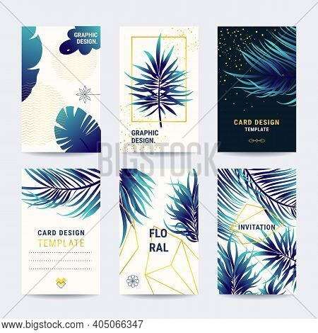 Vintage Luxury Vector Templates Collection. Indigo Blue Tropical Plants, Gold Linear Style Illustrat