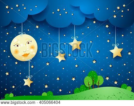 Countryside, Fantasy Illustration At Night. Vector Eps10