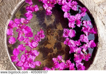 Stone Church Holy Water Stoup With Pink Flowers In