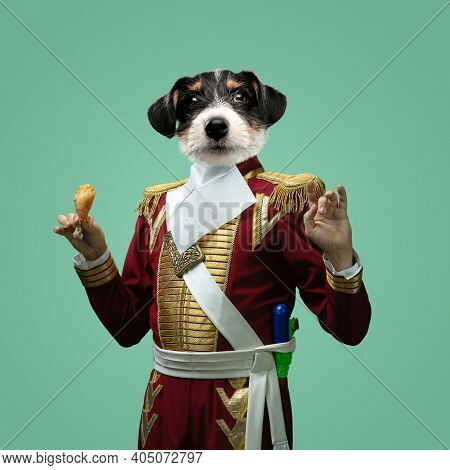 Fried Chicken. Model Like Medieval Royalty Person In Vintage Clothing Headed By Dog Head On Pastel G