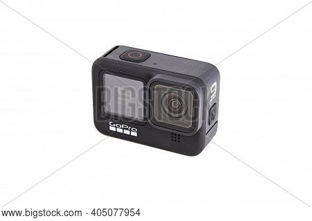 Moscow, Russia - Novemner 11, 2020: New Flagship Action Camera Gopro Hero 9 Black. Front View, Isola
