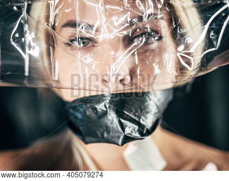 Voiceless Woman. Art Portrait. Plastic Recycling. Earth Pollution Problems. Woman With Taped Mouth L