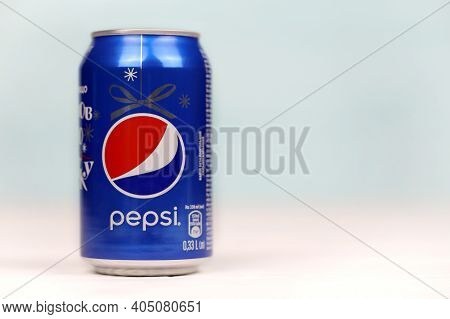 Kharkov, Ukraine - December 8, 2020: Aluminium Can Of Pepsi Soft Drink Close Up. Pepsi Is Carbonated