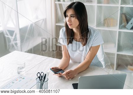 Lockdown Furlough. Office Relocation. Unemployment Crisis. Pensive Upset Woman Employee Thinking On 