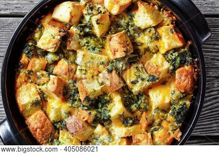 Italian Spinach Strata Of Soaked Overnight Cubed Sandwich Bread And Baked With Chopped Spinach And S