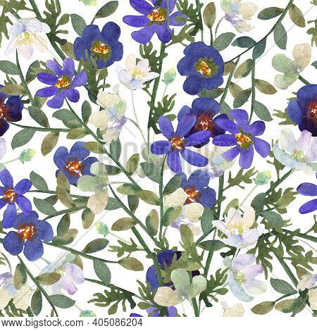 Seamless Pattern Of Blue And White Flowers Hand-drawn Watercolor