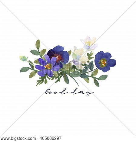 Bouquet Of Blue And White Flowers Hand-painted Watercolor