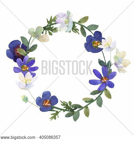 Wreath Of Blue And White Flowers Hand-painted In Watercolor