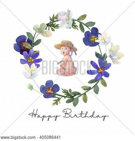 Wreath Of Blue And White Flowers And Baby Hand Painted In Watercolor