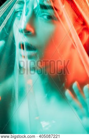 Female Abuse. Defocused Art Portrait. Domestic Violence. Self Isolation Protection. Terrified Hurt W