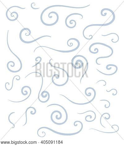 Vector Set Of Stylized Snow Swirls And Wind Blows. Light Blue Cool Smooth Lines For Decoration.