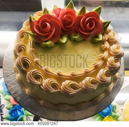 Birthday Or Celebration Cake Displayed And Decorated Flower On The Top In A Cake Shop At Bagdogra, W