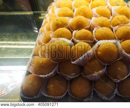Indian Motichur Laddoo Or Laddu Orange In Color Made Of Bundi In A Sweet Shop At Bagdogra, West Beng