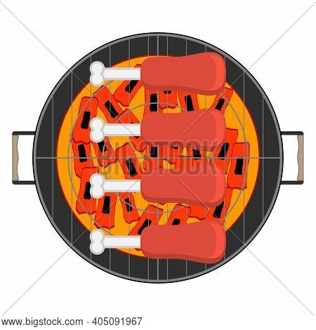 Fried chicken legs on coals in a round grill. Vector illustration on white background.
