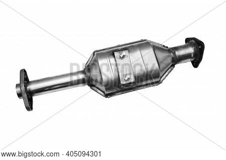 New Exhaust Gas Catalytic Converter Of A Car On A White Background