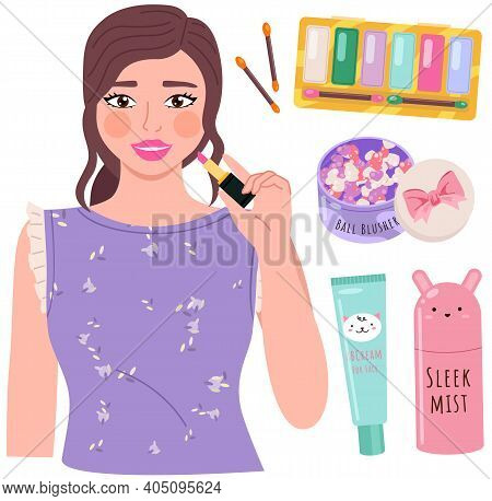 Beautiful Young Girl Makes Look And Does Makeup, Looks After Beauty And Paints Lips Isolated On Whit