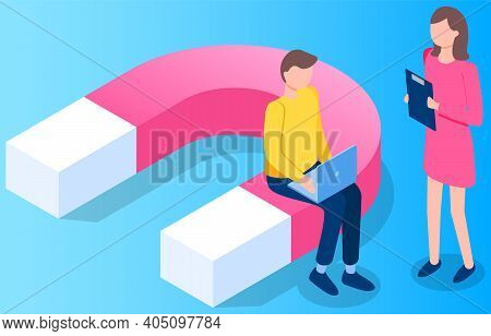 Digital Marketing Specialist Communicating Together. Worker Strategy With Magnet Equipment. Man Prof