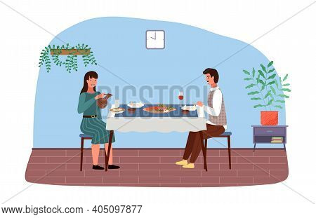 People In Dating Relationships At Lunch In Georgian Cafe. Georgians In Theme Restaurant Eats Khinkal