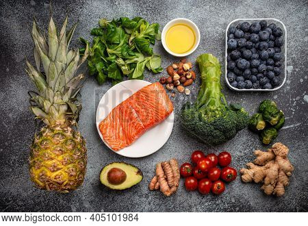 Anti Inflammatory Diet Concept. Set Of Foods That Help To Reduce Inflammation - Plant Based Ingredie