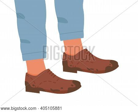 Woman Or Man In Brown Color Flat Sole Trendy Brogue, Oxford Or Derby Dirty Shoes. Male Or Female Leg