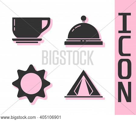 Set Tourist Tent, Coffee Cup, Sun And Hotel Service Bell Icon. Vector