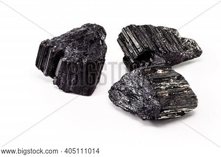 Brazilian Black Tourmaline, Isolated Over White Background. Decorative Esoteric Crystal With Mystica