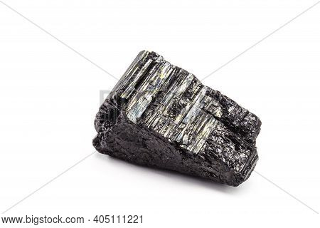 Brazilian Black Tourmaline, Isolated Over White Background. Decorative Esoteric Crystal With Mystica