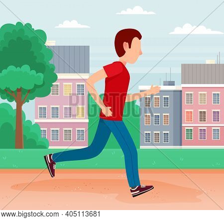 Young Man In A Hurry Runs Down The Street To Work. Worker Racing To Office Late For A Meeting. Job S