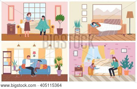 Set Of Illustrations On The Theme Of Relatives Treat Patients. People With Flu At Home Isolation. Ca