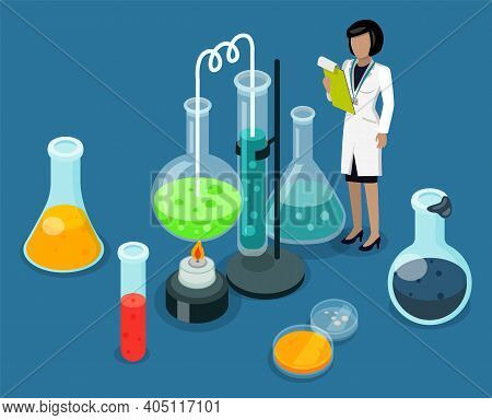 Scientific Lab Experiments. Woman Making Chemical Tests, Working With Dangerous Liquids. Flasks, Tes
