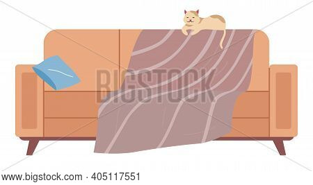 The Cat Lies On The Back Of The Sofa. Soft Couch Covered With Bedspread Isolated On White Background